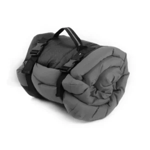 Folded portable dog bed with strap packaging – retail ready travel dog sleeping mat