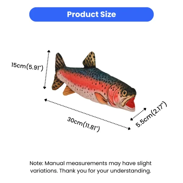 10002 rainbow trout plush dog toy size reference for small and medium dogs