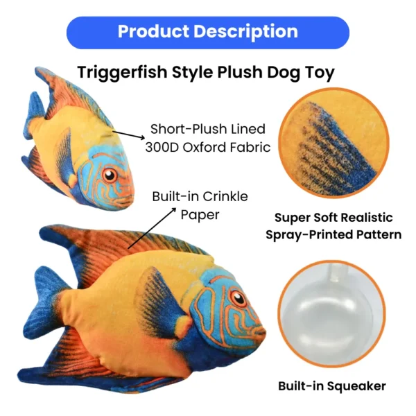 10003 interactive plush dog toy with built-in squeaker fish shape