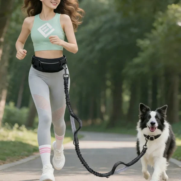 10008 woman running with dog using hands free waist belt dog leash outdoors