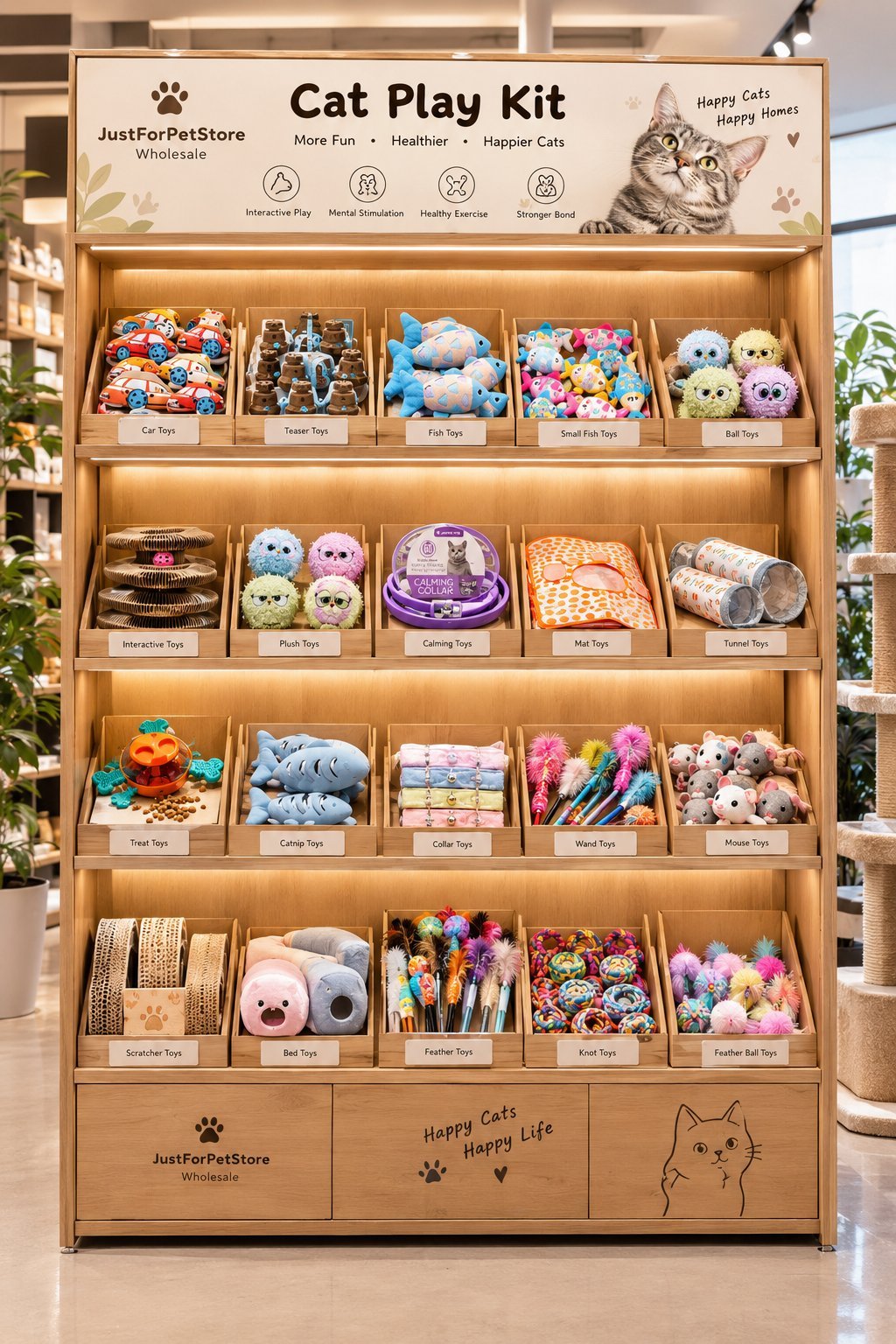Cat Play Kit retail shelf display with 20 cat toy categories for pet stores