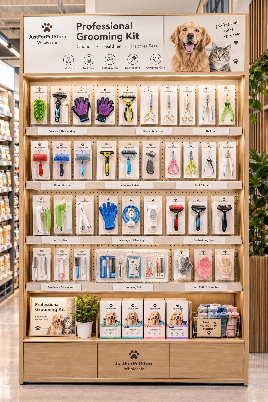 Professional Grooming Kit retail shelf display with 18 grooming SKUs for pet stores and salons