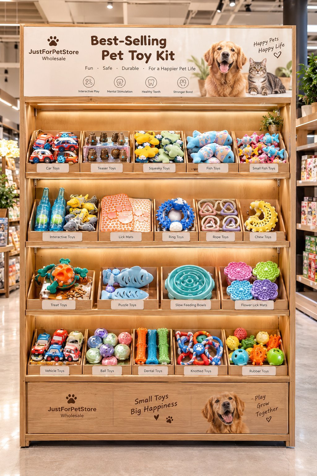 Best-Selling Pet Toy Kit retail shelf display with 20 toy categories for pet stores