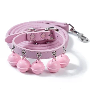 dchwm0164373-05.webp Adjustable PU Leather Pet Collar and Leash Set with 5 Bells – product view 5