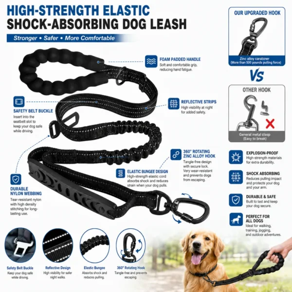 dchwm0258663-04.webp Heavy Duty Shock-Absorbing Dog Leash with Car Seat Belt Clip – product view 4