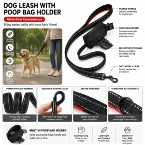 Reflective Dog Leash with Built-In Poop Bag Holder – product view 4