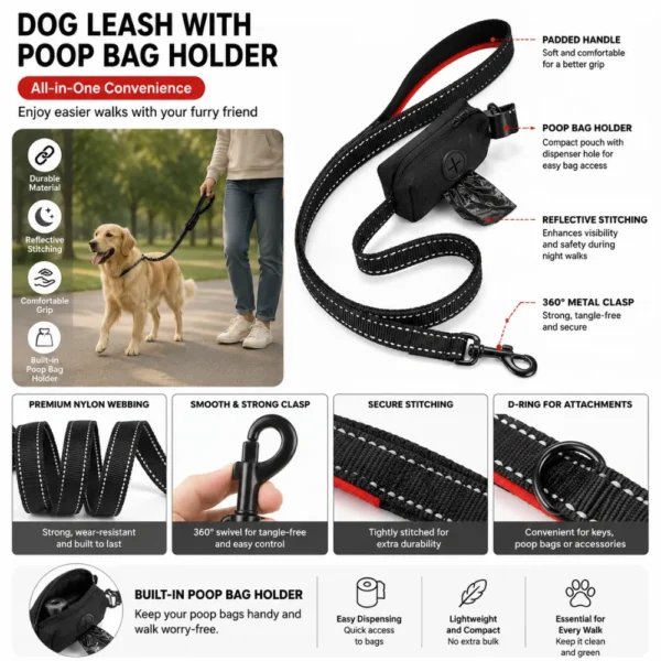 dchwm0260165-04.webp Reflective Dog Leash with Built-In Poop Bag Holder – product view 4