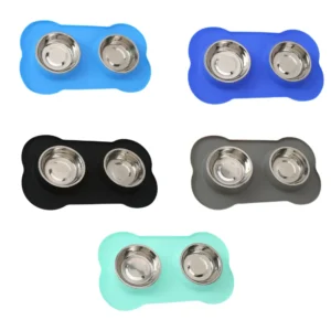 Stainless Steel Double Pet Bowl with Bone Shaped Non Slip Silicone Mat