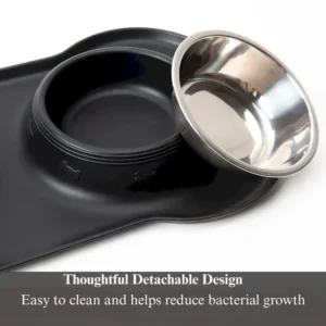 Stainless Steel Double Pet Bowl with Bone Shaped Non Slip Silicone Mat – product view 3