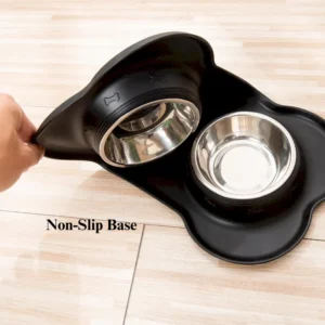 Stainless Steel Double Pet Bowl with Bone Shaped Non Slip Silicone Mat – product view 4