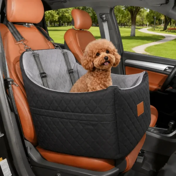 Quilted Dog Car Seat Bed with Storage and Adjustable Straps
