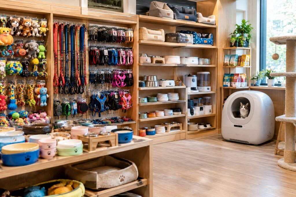 Pet store shelves stocked with bowls, toys, leashes and carriers supplied by JustForPetStore