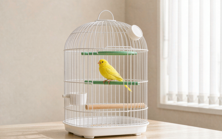 Yellow canary inside a clean white wire bird cage on a wooden table by a bright window