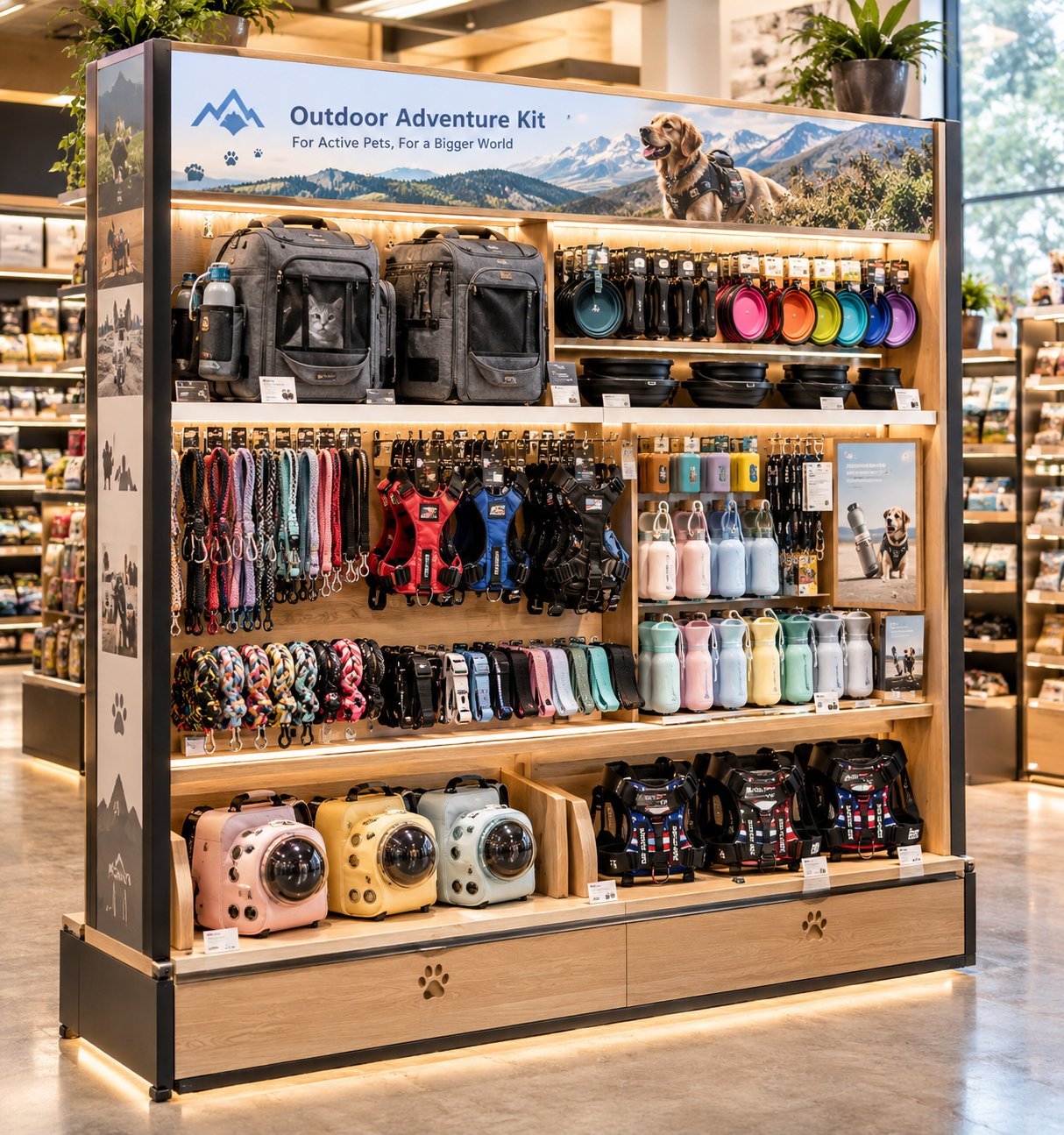 Outdoor Adventure Kit retail display shelf with backpacks leashes harnesses and bowls in a pet store