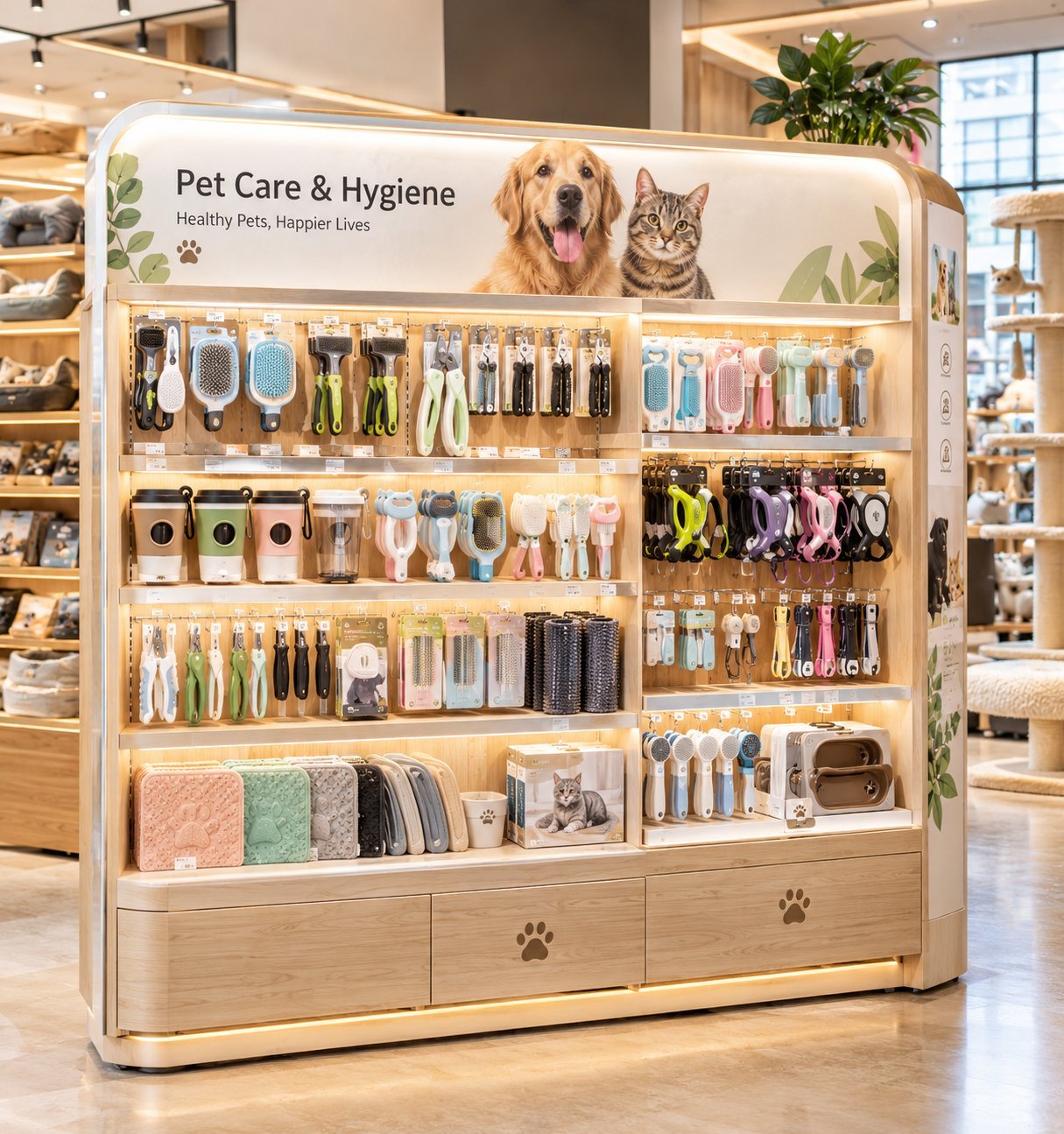 Pet Care and Hygiene Kit retail display shelf with grooming brushes lick mats collapsible bowls and nail clippers in a pet store