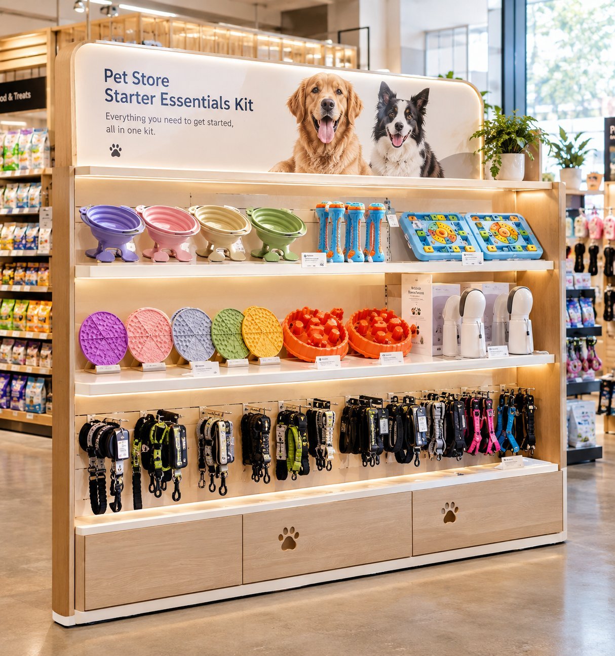 Pet Store Starter Essentials Kit retail display shelf with collapsible bowls lick mats leashes and feeders in a pet store