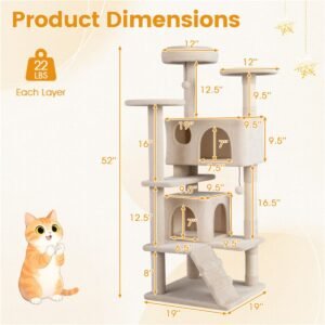 52" Cat Tree Tower with Two Condos and Sisal Scratching Posts, Beige - image 6 52" Cat Tree Tower with Two Condos and Sisal Scratching Posts Beige view 6