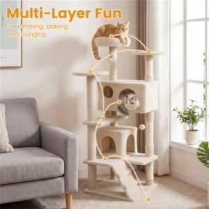 52" Cat Tree Tower with Two Condos and Sisal Scratching Posts, Beige - image 10 52" Cat Tree Tower with Two Condos and Sisal Scratching Posts Beige view 10