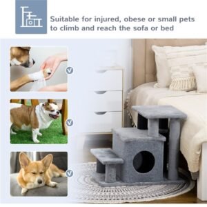 Adjustable Cat Steps with Condo and Hanging Toy for Small and Senior Cats