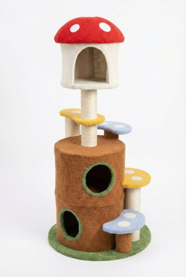 Mushroom Cat Tree with Two Cave Hideouts and Four Plush Perches - image 2 Mushroom Cat Tree with Two Cave Hideouts and Four Plush Perches view 2