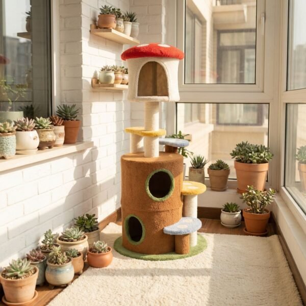 Mushroom Cat Tree with Two Cave Hideouts and Four Plush Perches - image 3 Mushroom Cat Tree with Two Cave Hideouts and Four Plush Perches view 3
