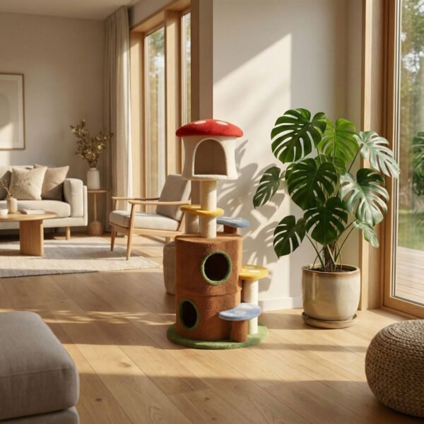 Mushroom Cat Tree with Two Cave Hideouts and Four Plush Perches - image 5 Mushroom Cat Tree with Two Cave Hideouts and Four Plush Perches view 5