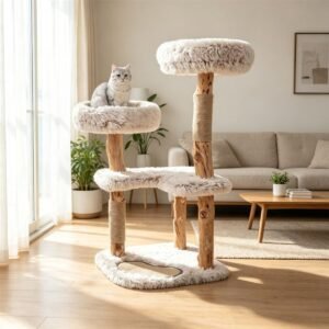 40" Solid Wood Cat Tree with Washable Cushions and Jute Scratching Posts