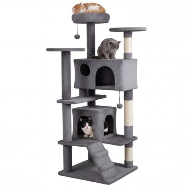 52" Cat Tree Tower with Two Condos and Sisal Posts, Light Gray - image 2 52" Cat Tree Tower with Two Condos and Sisal Posts Light Gray view 2