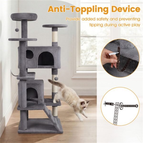 52" Cat Tree Tower with Two Condos and Sisal Posts, Light Gray - image 3 52" Cat Tree Tower with Two Condos and Sisal Posts Light Gray view 3