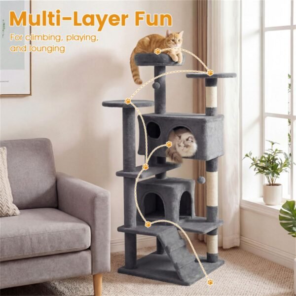 52" Cat Tree Tower with Two Condos and Sisal Posts, Light Gray - image 4 52" Cat Tree Tower with Two Condos and Sisal Posts Light Gray view 4