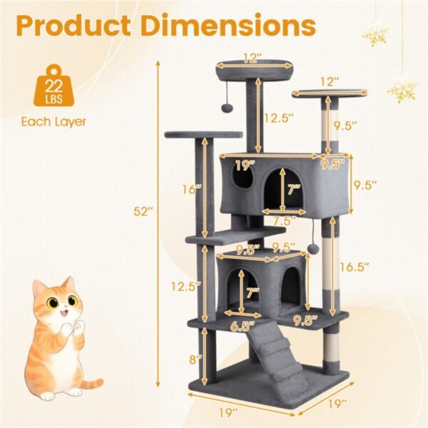 52" Cat Tree Tower with Two Condos and Sisal Posts, Light Gray - image 10 52" Cat Tree Tower with Two Condos and Sisal Posts Light Gray view 10