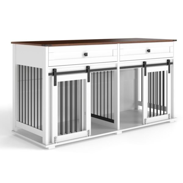 63" Double Dog Crate Furniture with Two Drawers and Sliding Doors - image 2 63" Double Dog Crate Furniture with Two Drawers and Sliding Doors view 2