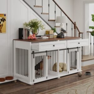 63" Double Dog Crate Furniture with Two Drawers and Sliding Doors - image 5 63" Double Dog Crate Furniture with Two Drawers and Sliding Doors view 5