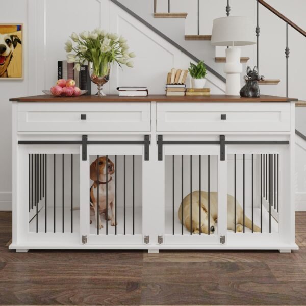 63" Double Dog Crate Furniture with Two Drawers and Sliding Doors - image 10 63" Double Dog Crate Furniture with Two Drawers and Sliding Doors view 10