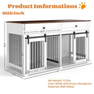 63" Double Dog Crate Furniture with Two Drawers and Sliding Doors - image 11 63" Double Dog Crate Furniture with Two Drawers and Sliding Doors view 11
