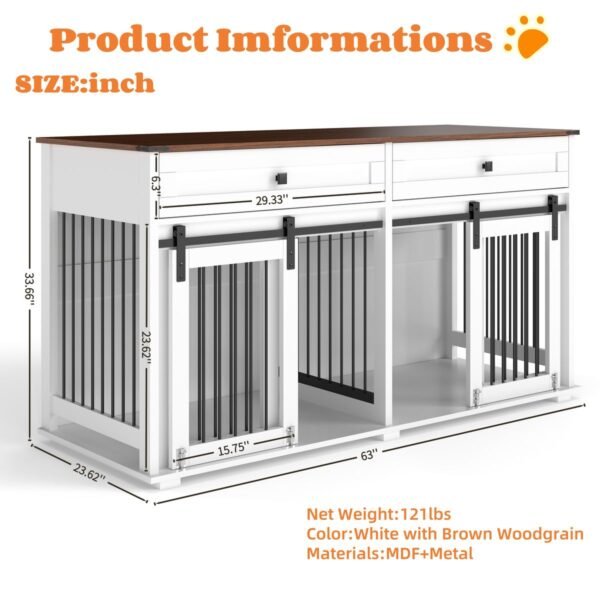 63" Double Dog Crate Furniture with Two Drawers and Sliding Doors - image 11 63" Double Dog Crate Furniture with Two Drawers and Sliding Doors view 11