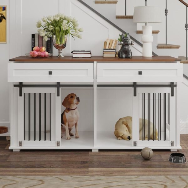 63" Double Dog Crate Furniture with Two Drawers and Sliding Doors - image 14 63" Double Dog Crate Furniture with Two Drawers and Sliding Doors view 14