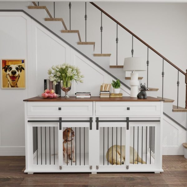63" Double Dog Crate Furniture with Two Drawers and Sliding Doors - image 18 63" Double Dog Crate Furniture with Two Drawers and Sliding Doors view 18