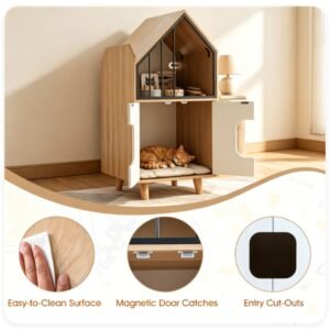 Hidden Cat Litter Box Cabinet with Elevated Cat Lounge, Natural and White