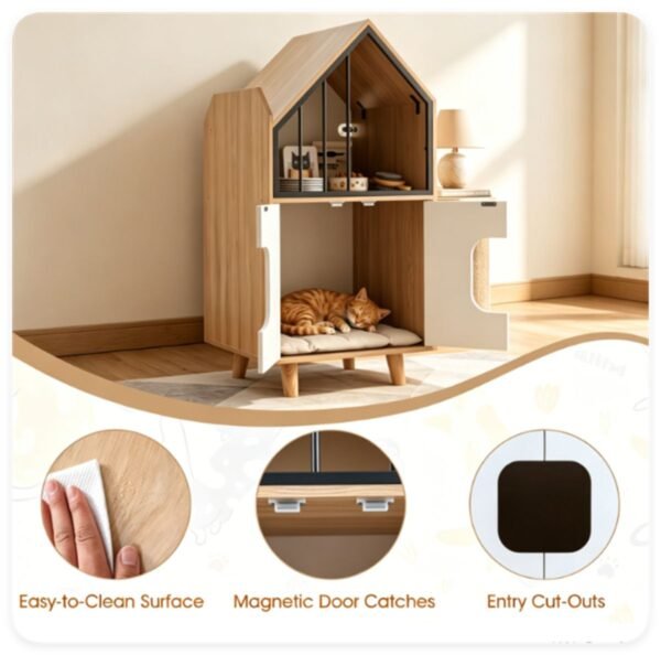 Hidden Cat Litter Box Cabinet with Elevated Cat Lounge Natural and White