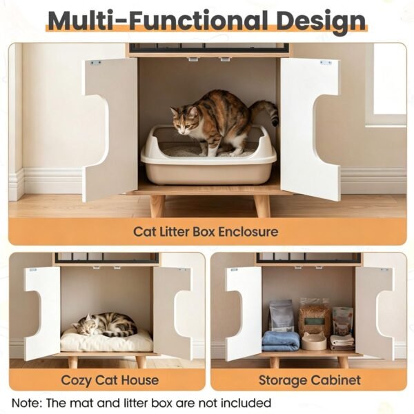 Hidden Cat Litter Box Cabinet with Elevated Cat Lounge, Natural and White - image 2 Hidden Cat Litter Box Cabinet with Elevated Cat Lounge Natural and White view 2