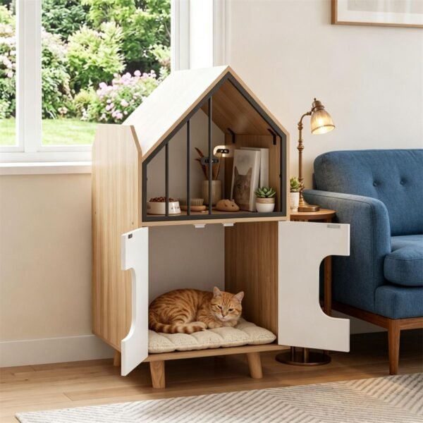 Hidden Cat Litter Box Cabinet with Elevated Cat Lounge, Natural and White - image 3 Hidden Cat Litter Box Cabinet with Elevated Cat Lounge Natural and White view 3