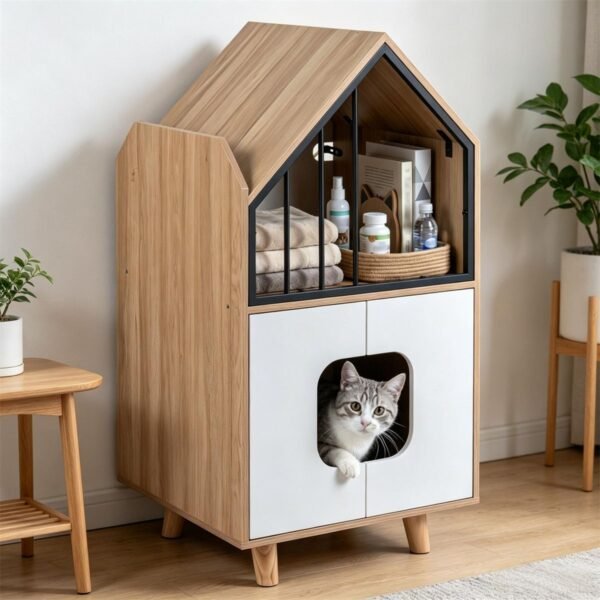 Hidden Cat Litter Box Cabinet with Elevated Cat Lounge, Natural and White - image 4 Hidden Cat Litter Box Cabinet with Elevated Cat Lounge Natural and White view 4