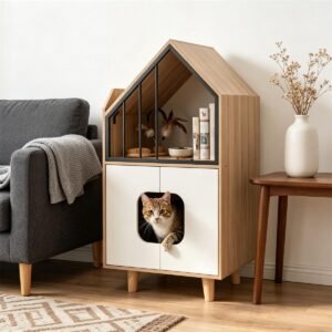 Hidden Cat Litter Box Cabinet with Elevated Cat Lounge, Natural and White - image 6 Hidden Cat Litter Box Cabinet with Elevated Cat Lounge Natural and White view 6