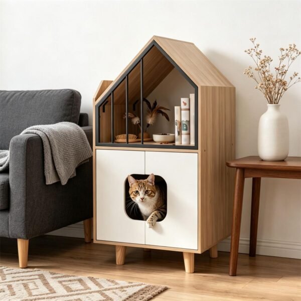 Hidden Cat Litter Box Cabinet with Elevated Cat Lounge, Natural and White - image 6 Hidden Cat Litter Box Cabinet with Elevated Cat Lounge Natural and White view 6
