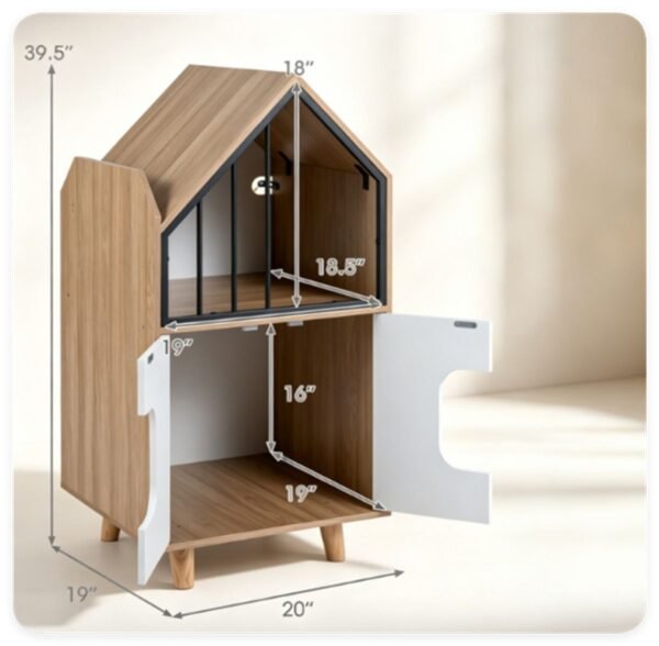 Hidden Cat Litter Box Cabinet with Elevated Cat Lounge, Natural and White - image 7 Hidden Cat Litter Box Cabinet with Elevated Cat Lounge Natural and White view 7
