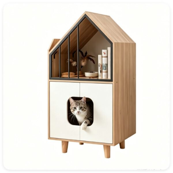 Hidden Cat Litter Box Cabinet with Elevated Cat Lounge, Natural and White - image 8 Hidden Cat Litter Box Cabinet with Elevated Cat Lounge Natural and White view 8