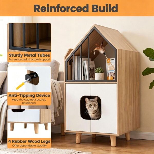 Hidden Cat Litter Box Cabinet with Elevated Cat Lounge, Natural and White - image 9 Hidden Cat Litter Box Cabinet with Elevated Cat Lounge Natural and White view 9
