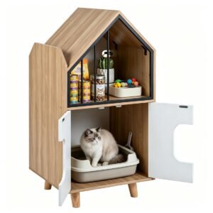 Hidden Cat Litter Box Cabinet with Elevated Cat Lounge, Natural and White - image 10 Hidden Cat Litter Box Cabinet with Elevated Cat Lounge Natural and White view 10
