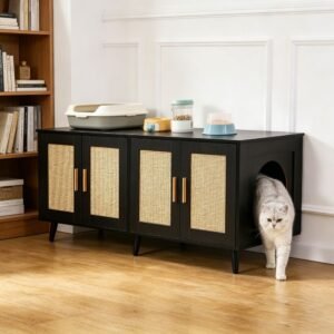 Rattan-Door Cat Litter Box Cabinet, 47" Sideboard Style